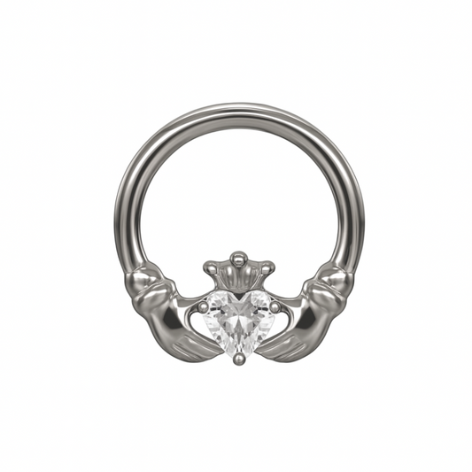 CZ Crystal Claddagh Hinged Segment Clicker Ring - ASTM F-136 Implant Grade Titanium