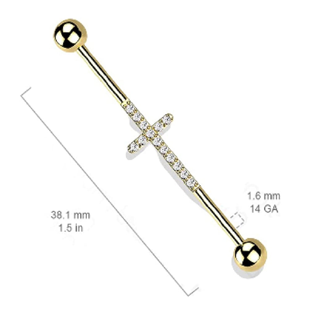 CNC Set Lined CZ Cross Industrial Barbell - PVD Plated F136 Implant Grade Titanium