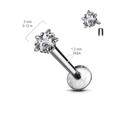 Prong Set Star Shaped CZ Crystal Internally Threaded Stud - G23 Implant Grade Titanium