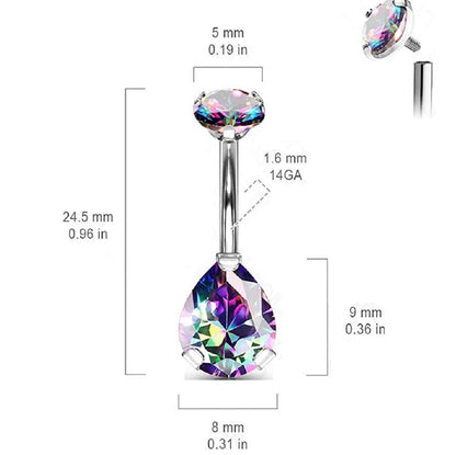 Internally Threaded Top Prong Set Double CZ Pear Belly Button Ring - G23 Implant Grade Titanium