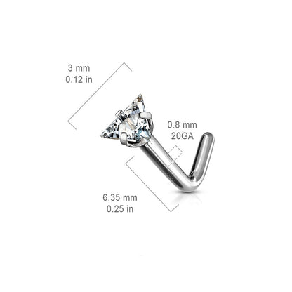 Prong Set Triangle Shaped CZ Crystal L-Bend Nose Stud - G23 Implant Grade Titanium