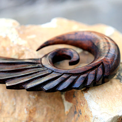 Hand Carved Organic Sono Wood Angel Wing Hanging Spiral Taper Plugs - Pair