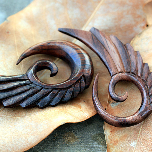 Hand Carved Organic Sono Wood Angel Wing Hanging Spiral Taper Plugs - Pair