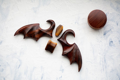 Hand Carved Sono Wood Bat Wing Hanging Taper Plugs - Pair