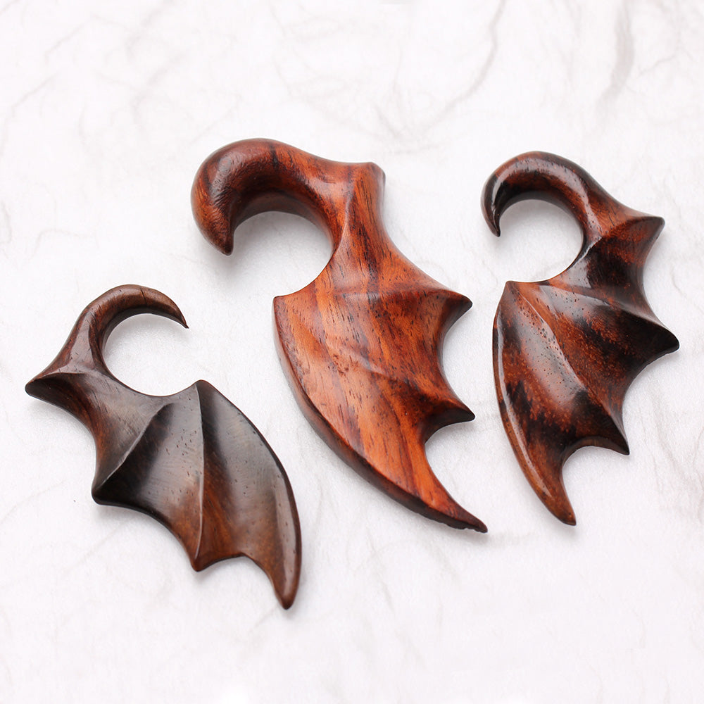 Hand Carved Sono Wood Bat Wing Hanging Taper Plugs - Pair