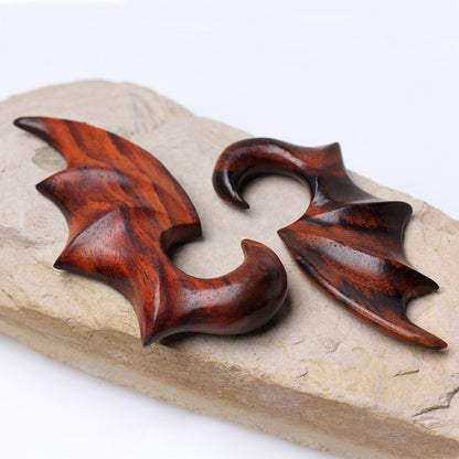 Hand Carved Sono Wood Bat Wing Hanging Taper Plugs - Pair