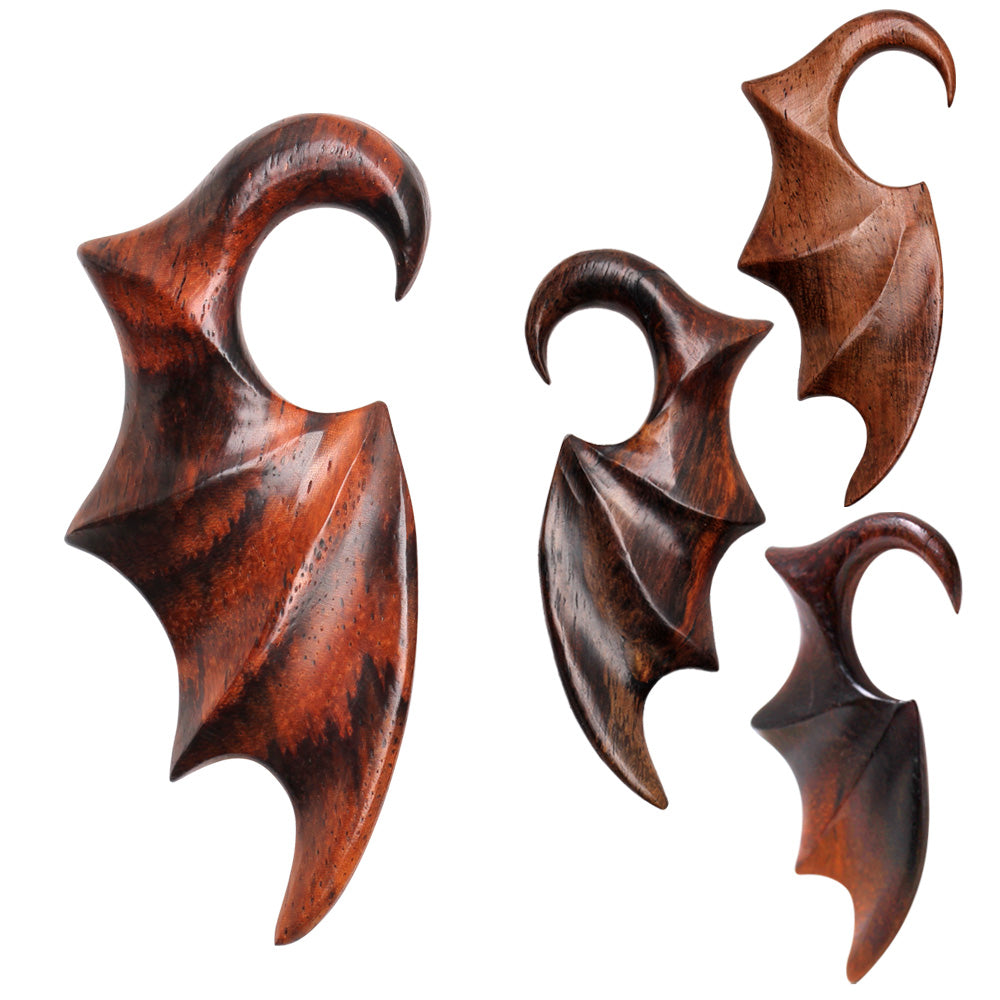 Hand Carved Sono Wood Bat Wing Hanging Taper Plugs - Pair