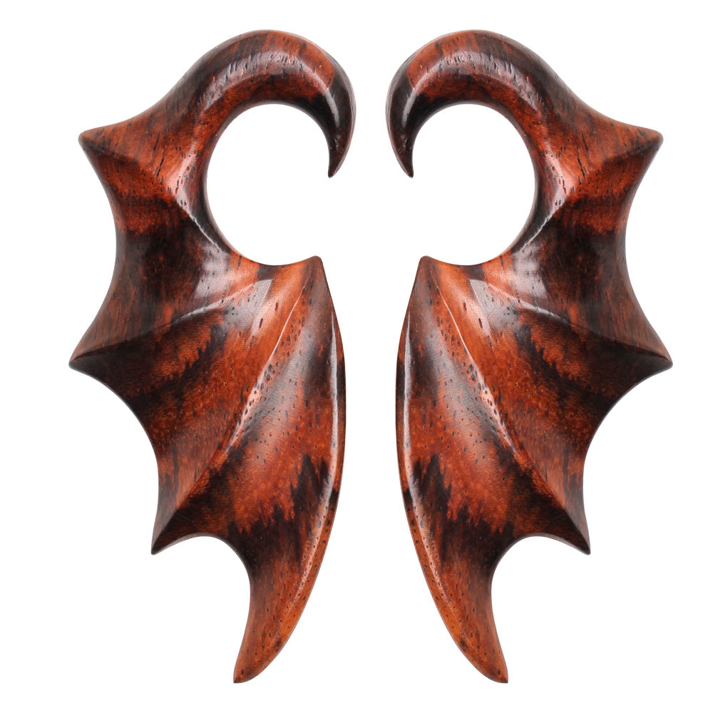 Hand Carved Sono Wood Bat Wing Hanging Taper Plugs - Pair