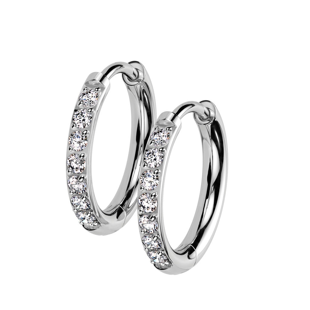 CZ Crystal Lined 2mm Thick Hinged Round Hoop Earrings - Pair - F-136 Implant Grade Titanium