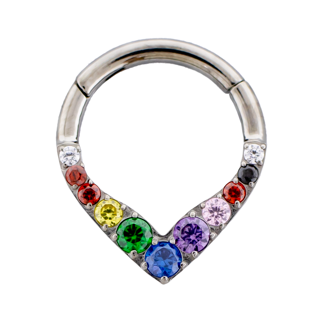 Rainbow Gemmed V-Shaped Hinged Segment Clicker Ring - ASTM F-136 Implant Grade Titanium