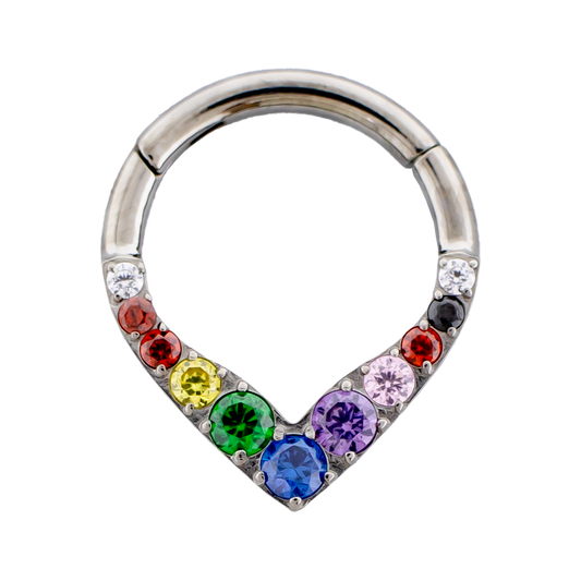 Rainbow Gemmed V-Shaped Hinged Segment Clicker Ring - ASTM F-136 Implant Grade Titanium