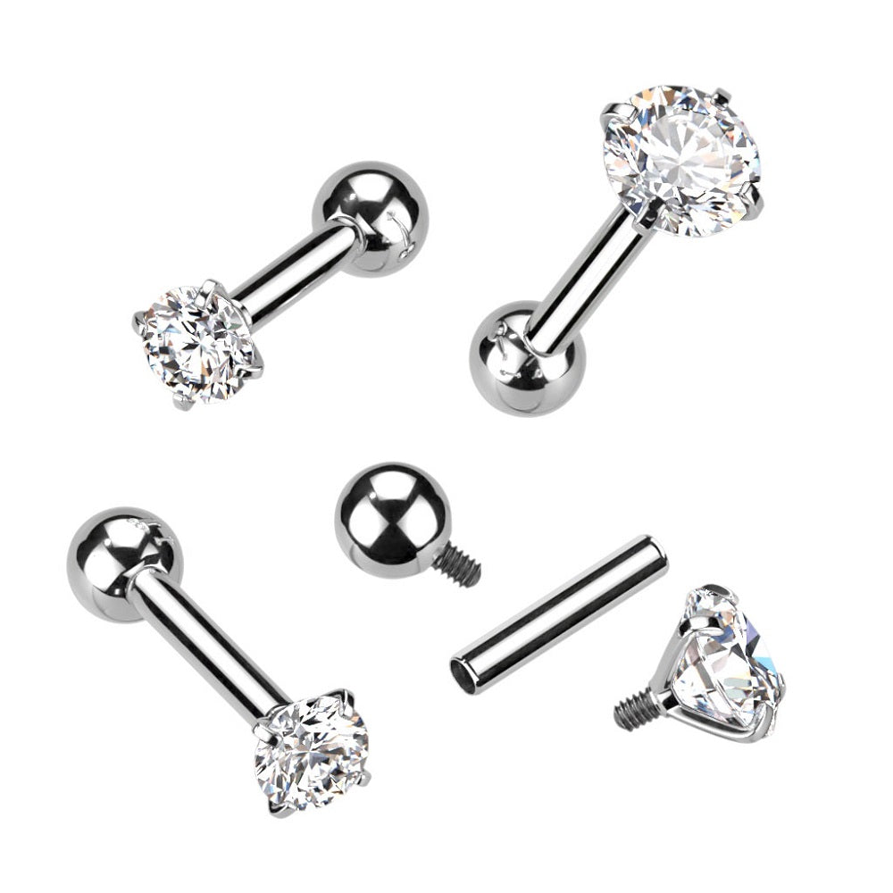 Prong Set CZ Crystal Internally Threaded Barbell - F136 Implant Grade Titanium