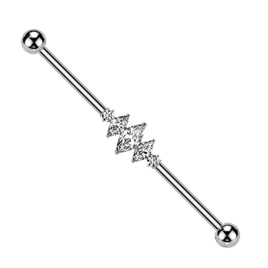 Internally Threaded Triple CZ Crystal Marquise Industrial Barbell - ASTM F-136 Implant Grade Titanium