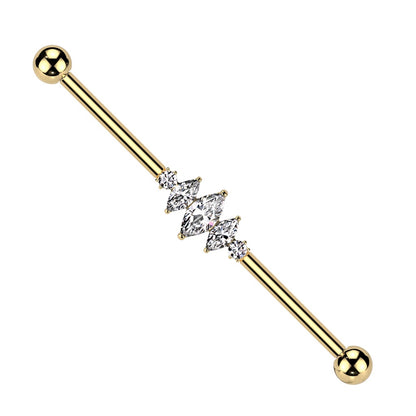 Internally Threaded Triple CZ Crystal Marquise Industrial Barbell - ASTM F-136 Implant Grade Titanium