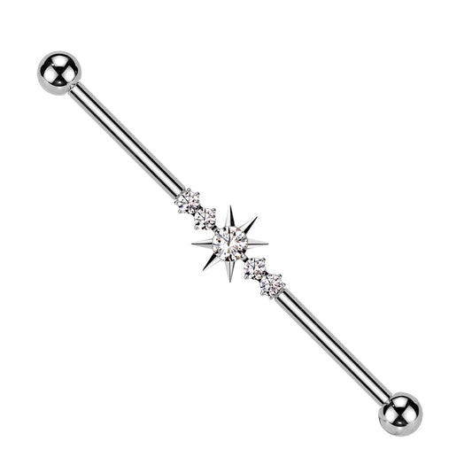 Internally Threaded CZ Crystal Spike Center Industrial Barbell - ASTM F-136 Implant Grade Titanium