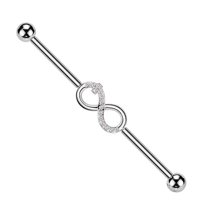 Internally Threaded CZ Crystal Infinity Symbol Industrial Barbell - ASTM F-136 Implant Grade Titanium