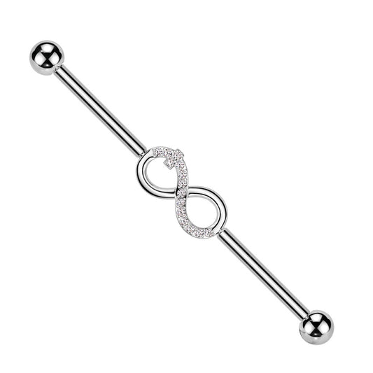 Internally Threaded CZ Crystal Infinity Symbol Industrial Barbell - ASTM F-136 Implant Grade Titanium