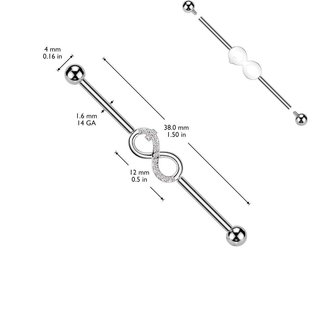 Internally Threaded CZ Crystal Infinity Symbol Industrial Barbell - ASTM F-136 Implant Grade Titanium