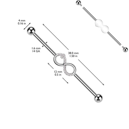 Internally Threaded CZ Crystal Infinity Symbol Industrial Barbell - ASTM F-136 Implant Grade Titanium