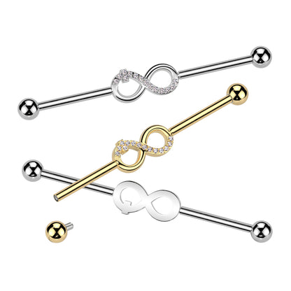 Internally Threaded CZ Crystal Infinity Symbol Industrial Barbell - ASTM F-136 Implant Grade Titanium