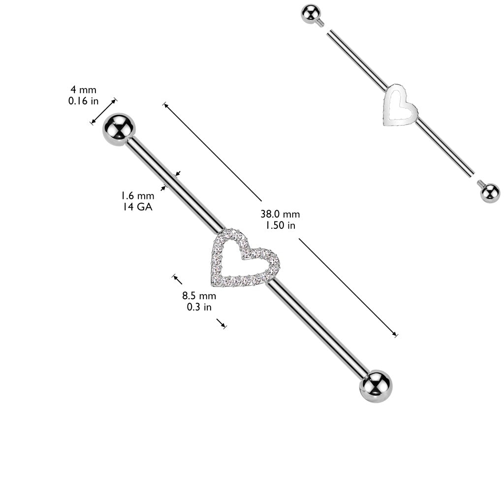 Internally Threaded CZ Crystal Heart Outline Industrial Barbell - ASTM F-136 Implant Grade Titanium