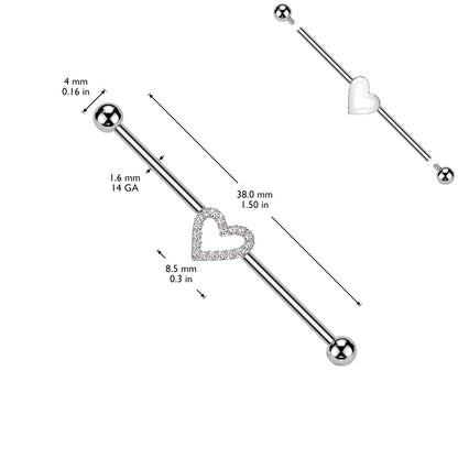 Internally Threaded CZ Crystal Heart Outline Industrial Barbell - ASTM F-136 Implant Grade Titanium