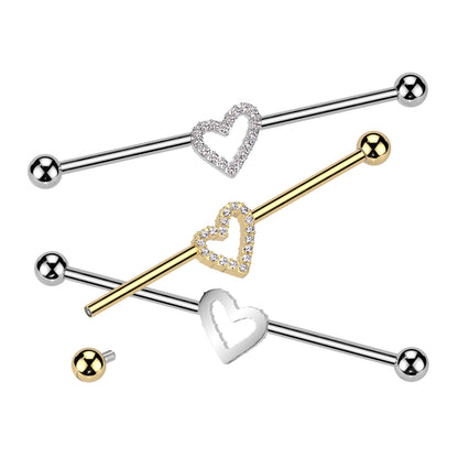 Internally Threaded CZ Crystal Heart Outline Industrial Barbell - ASTM F-136 Implant Grade Titanium