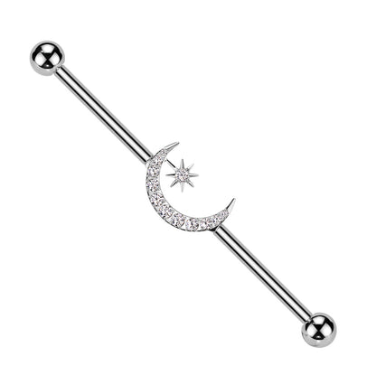 Internally Threaded CZ Crystal Crescent Moon and Star Industrial Barbell - ASTM F-136 Implant Grade Titanium