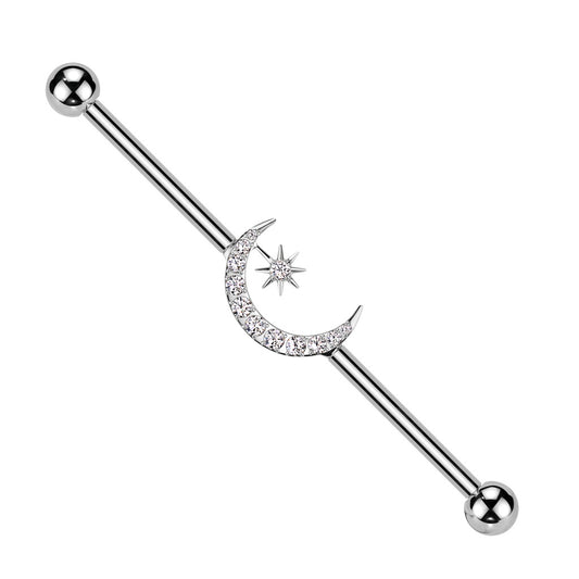 Internally Threaded CZ Crystal Crescent Moon and Star Industrial Barbell - ASTM F-136 Implant Grade Titanium