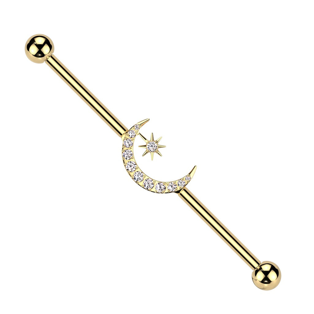 Internally Threaded CZ Crystal Crescent Moon and Star Industrial Barbell - ASTM F-136 Implant Grade Titanium