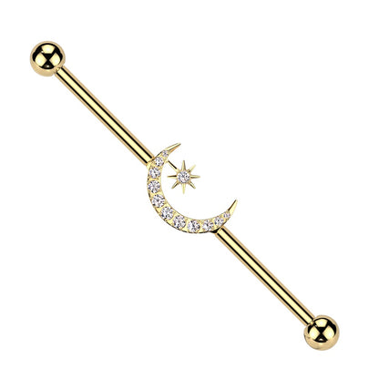 Internally Threaded CZ Crystal Crescent Moon and Star Industrial Barbell - ASTM F-136 Implant Grade Titanium