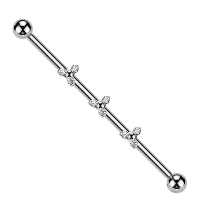 Internally Threaded Triple CZ Crystal Triangle Industrial Barbell - ASTM F-136 Implant Grade Titanium