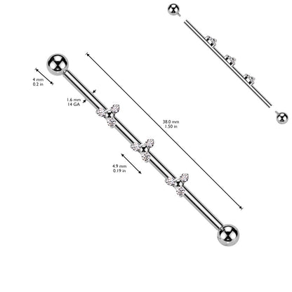 Internally Threaded Triple CZ Crystal Triangle Industrial Barbell - ASTM F-136 Implant Grade Titanium