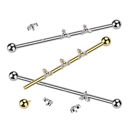 Internally Threaded Triple CZ Crystal Triangle Industrial Barbell - ASTM F-136 Implant Grade Titanium