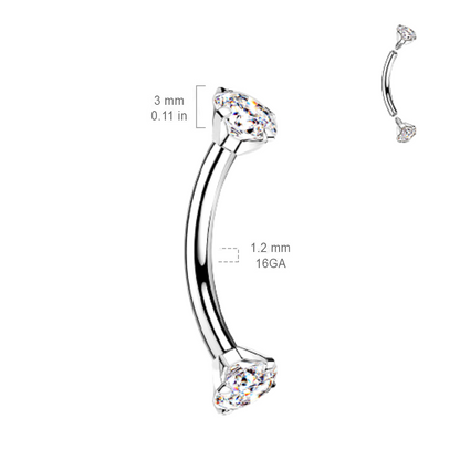 Internally Threaded Prong Set CZ Crystal Ends Curved Barbell - G23 Implant Grade Titanium