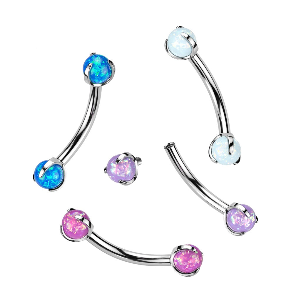 Internally Threaded Claw Set Synthetic Opal Ball Curved Eyebrow Barbell - F136 Implant Grade Titanium