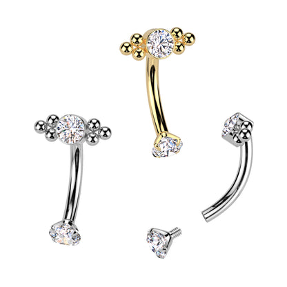 Internally Threaded CZ Crystal and Ball Cluster Curved Eyebrow Barbell - ASTM F-136 Implant Grade Titanium