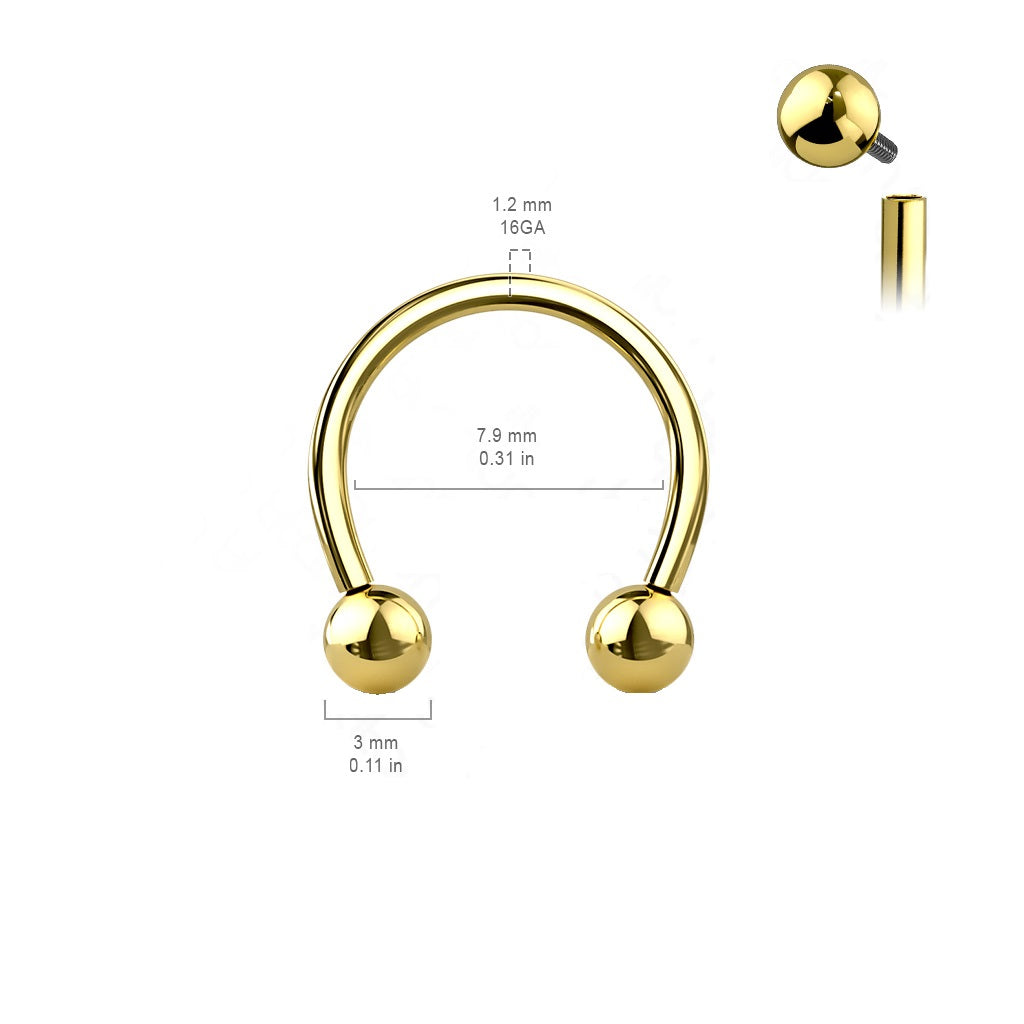 PVD Plated Internally Threaded Ball Ends Circular Horseshoe Barbell - G23 Implant Grade Titanium