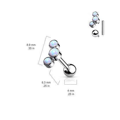 Triple Synthetic Opal Cartilage Helix Stud Earring - G23 Implant Grade Titanium