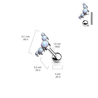 Internally Threaded Five Bezel Set Synthetic Opals Curved Top Barbell Stud - G23 Implant Grade Titanium