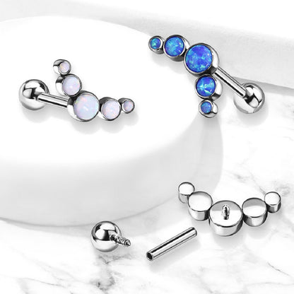 Internally Threaded Five Bezel Set Synthetic Opals Curved Top Barbell Stud - G23 Implant Grade Titanium