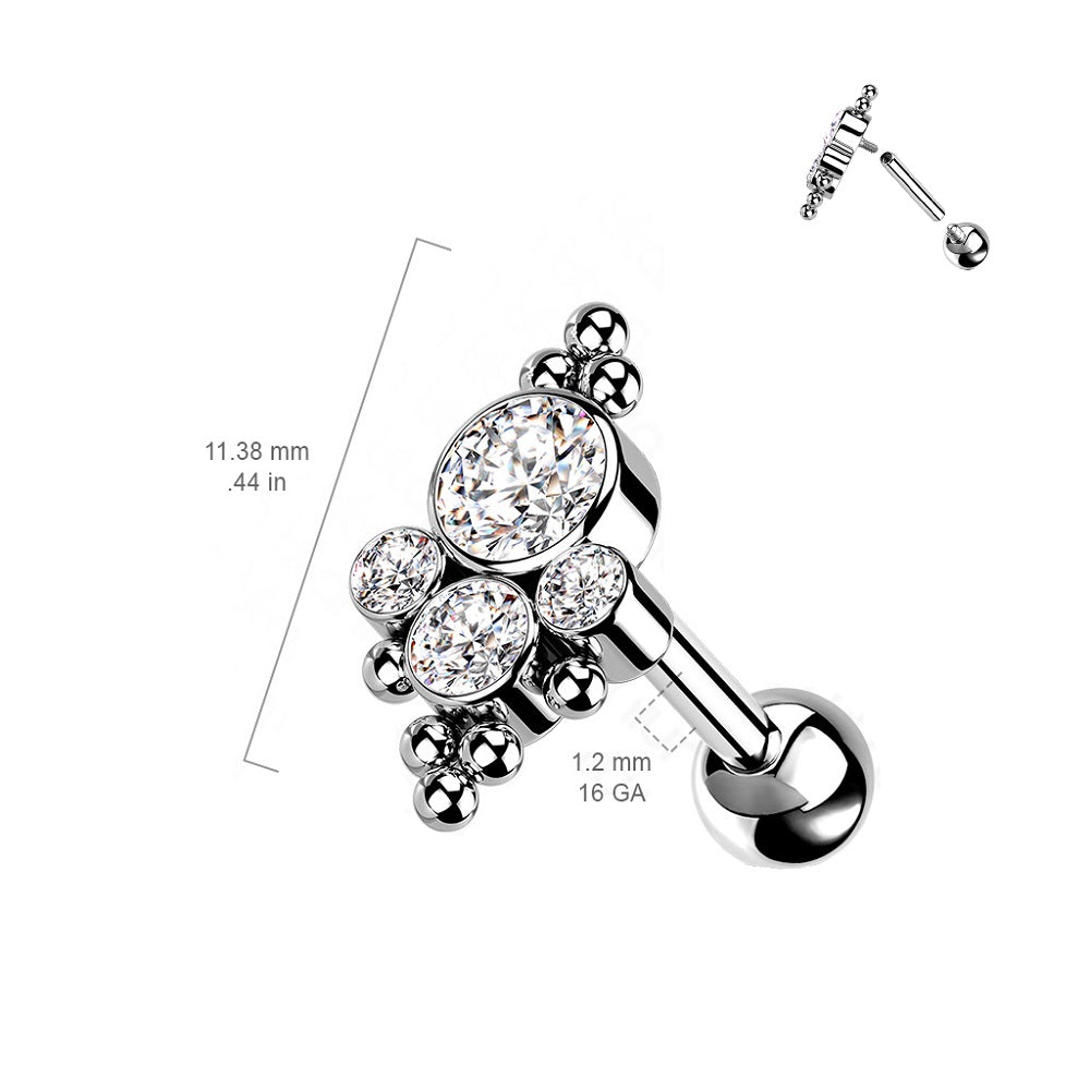 CZ Crystal and Ball Cluster Internally Threaded Barbell - G23 Implant Grade Titanium