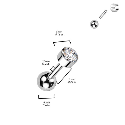 Internally Threaded Bezel Set CZ Crystal Barbell Stud - ASTM F-136 Implant Grade Titanium