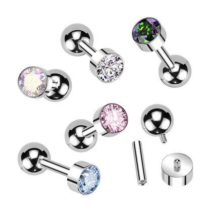 Internally Threaded Bezel Set CZ Crystal Barbell Stud - ASTM F-136 Implant Grade Titanium