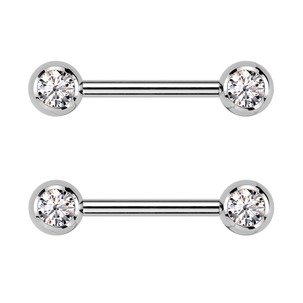 Internally Threaded CZ Crystal Ball Ends Nipple Barbells, Sold as a Pair - ASTM F-136 Implant Grade Titanium