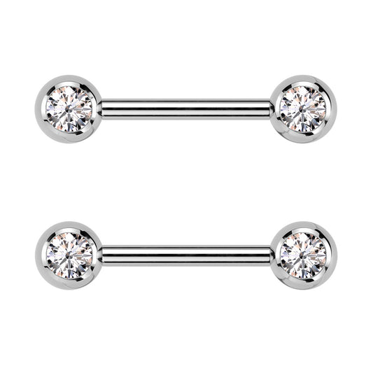 Internally Threaded CZ Crystal Ball Ends Nipple Barbells, Sold as a Pair - ASTM F-136 Implant Grade Titanium