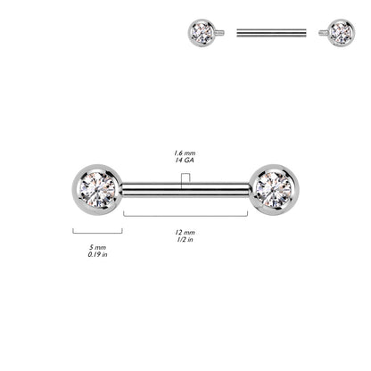 Internally Threaded CZ Crystal Ball Ends Nipple Barbells, Sold as a Pair - ASTM F-136 Implant Grade Titanium