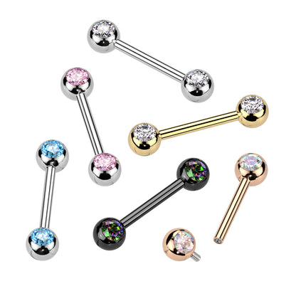 Internally Threaded CZ Crystal Ball Ends Nipple Barbells, Sold as a Pair - ASTM F-136 Implant Grade Titanium