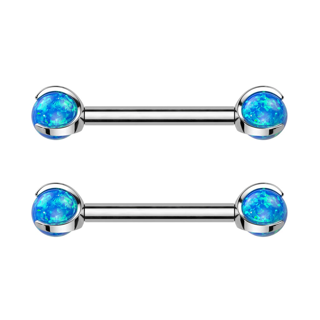 Internally Threaded Claw Set Synthetic Opal Ball Nipple Barbells - F136 Implant Grade Titanium - Pair