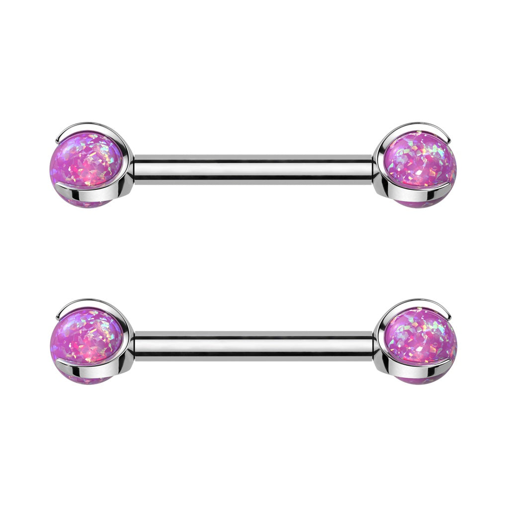 Internally Threaded Claw Set Synthetic Opal Ball Nipple Barbells - F136 Implant Grade Titanium - Pair